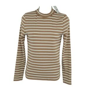 J.Crew Striped Mock Neck Top Women Size S Brown White Ribbed Preppy Casual Work